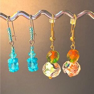 Earrings Pierced Handcrafted Unique 2 Aqua,
Faceted Beads & 2 Orange/Green/Black